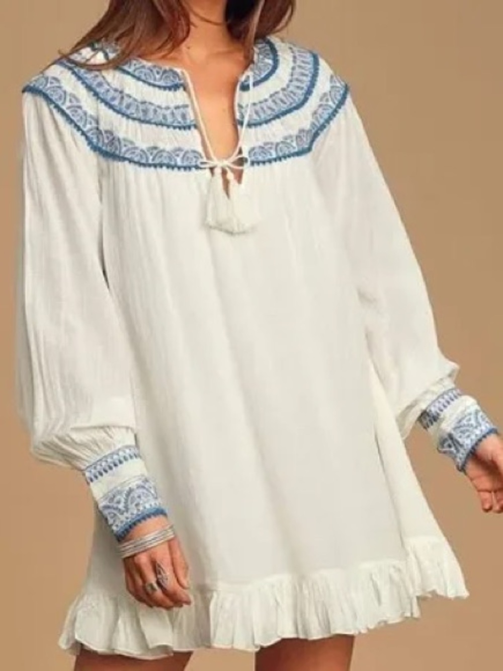 Free People Erin Ivory Embroidered Long Sleeve Mini size small